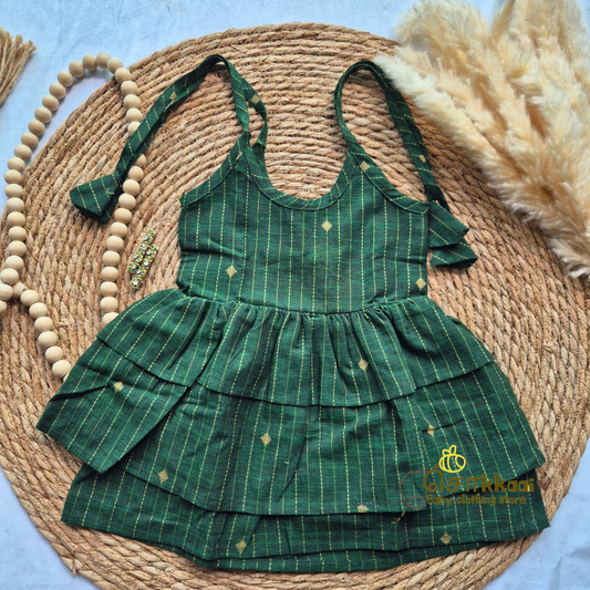 Handloom Bottle Green  - Tassel Tie Girl Frock (Newborn to 3years)