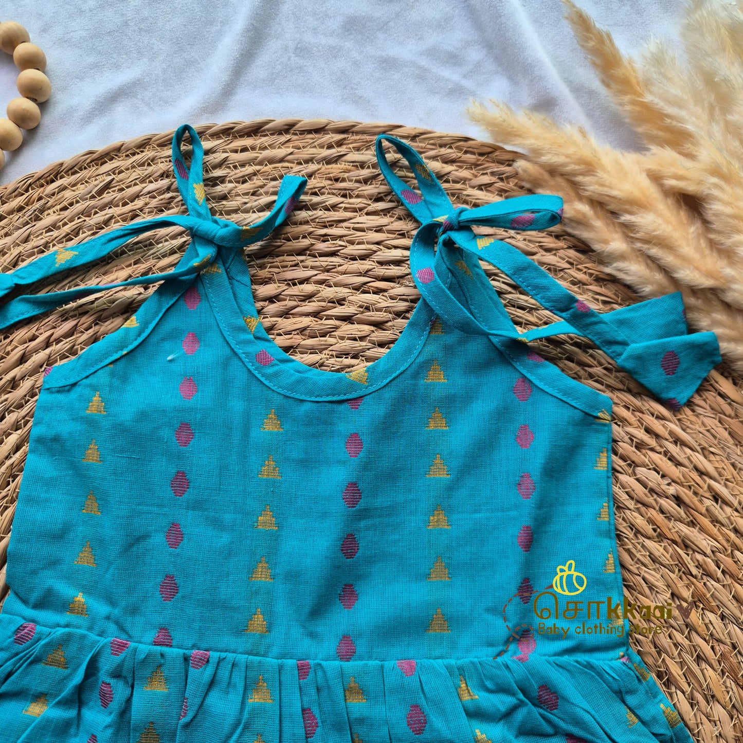 Turquoise Candy tassel tie single layer frock (0-3yrs) - Sokkaai