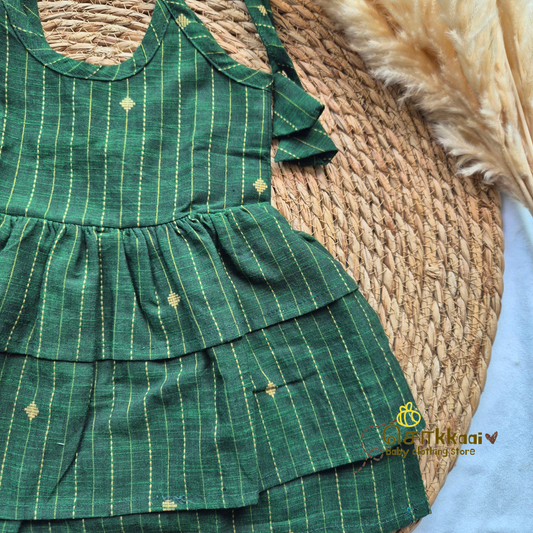 Handloom Bottle Green  - Tassel Tie Girl Frock (Newborn to 3years)