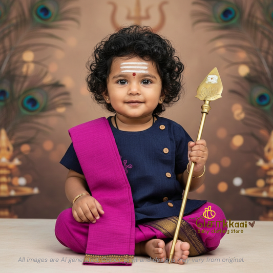 Mangalgiri Cotton Dhoti set - Royal Navy and Magenta (0-5years) Sokkaai