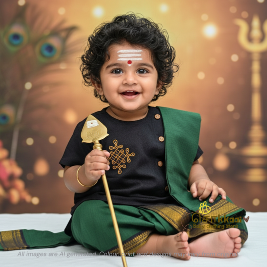 Mangalgiri Cotton Dhoti set - Royal Green and Black (0-5years) Sokkaai