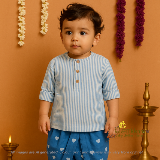 Denim blue stripes & heart cotton kurta & Dhoti set(0-5yrs) - Sokkaai