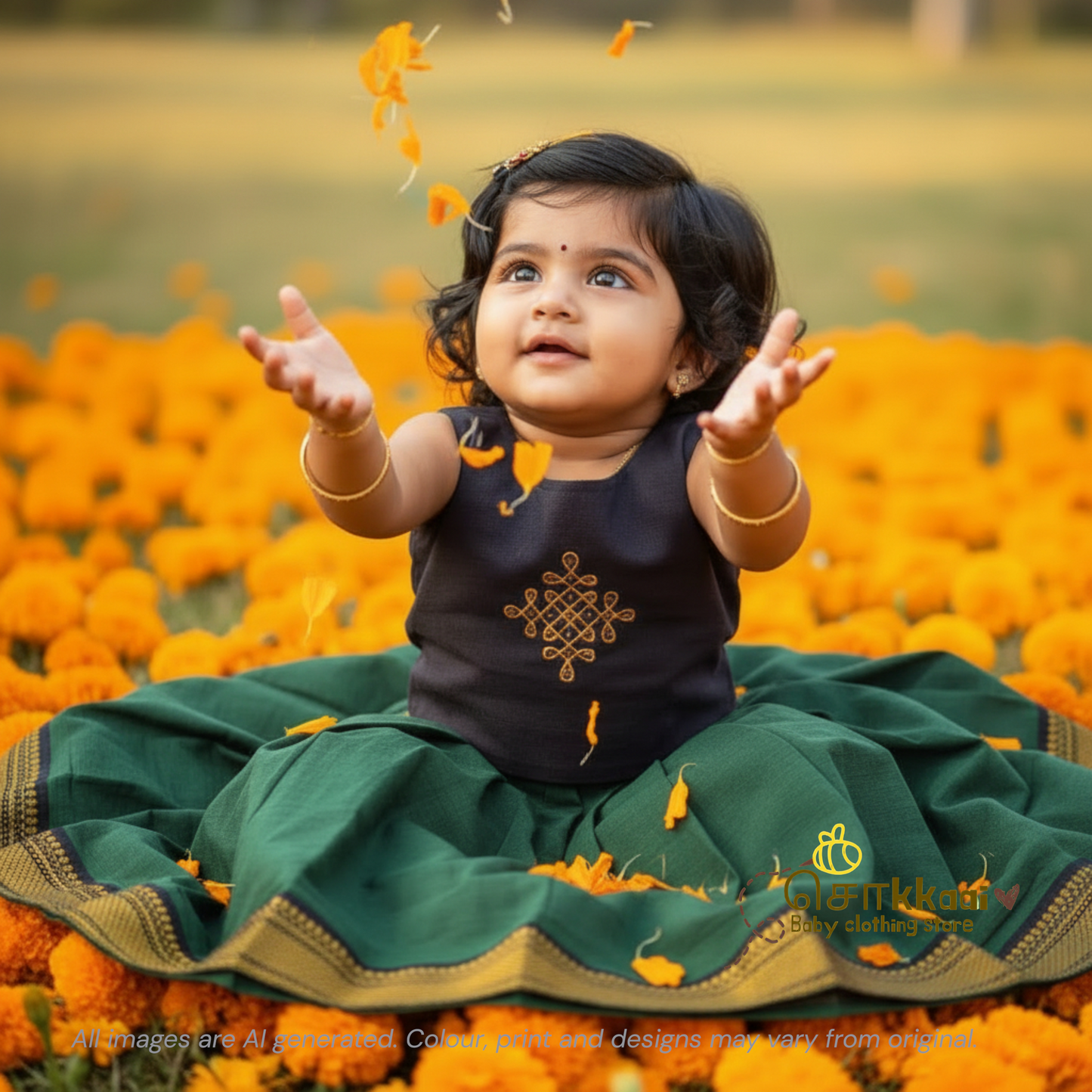 Mangalgiri Cotton Skirt and top Girls  - Royal Green and Black (6m-5years) - Sokkaai