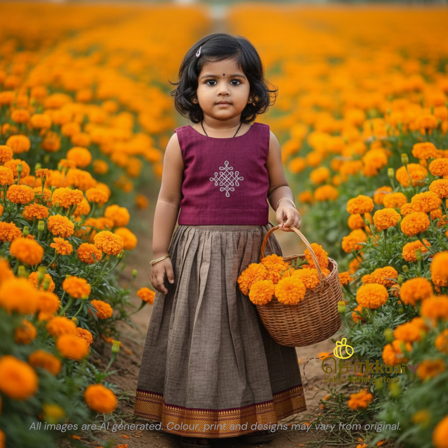 Mangalgiri Cotton  Skirt and top Girls - Dusky Maroon and Ash (6m-5years) - Sokkaai