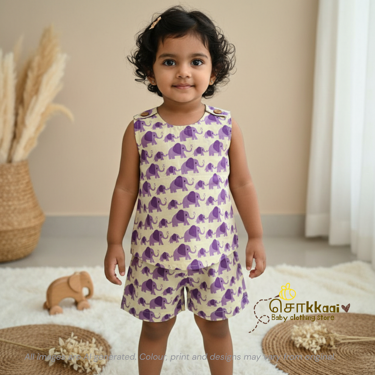 Purple elephant hand block cotton Coord Set (0-3years) - Unisex - Sokkaai