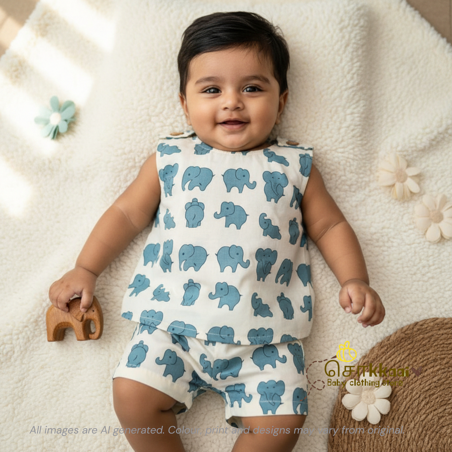 Blue elephant printed cotton Coord Set (0-3years) - Unisex - Sokkaai