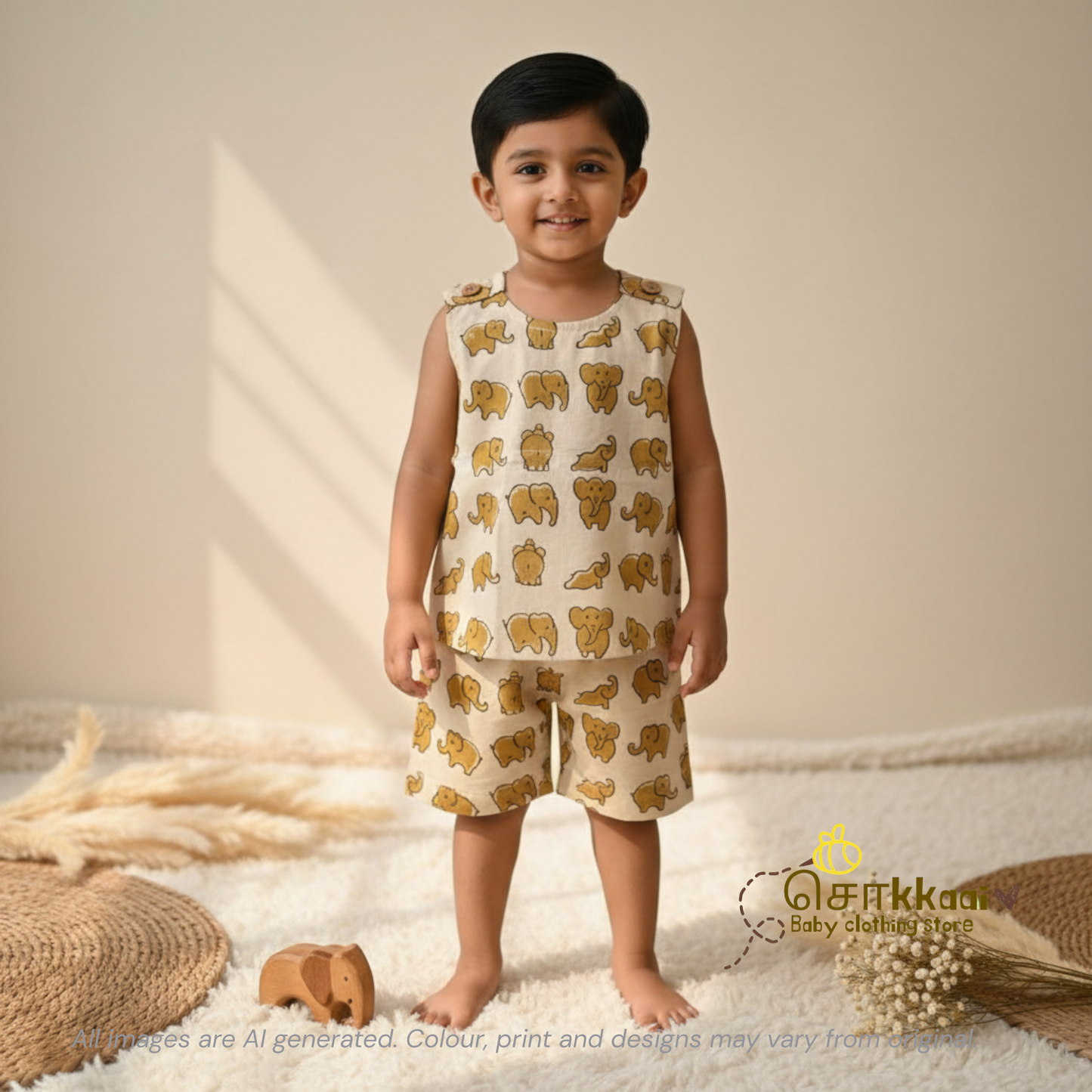 Mustard elephant hand block cotton Coord Set (0-3years) - Unisex - Sokkaai