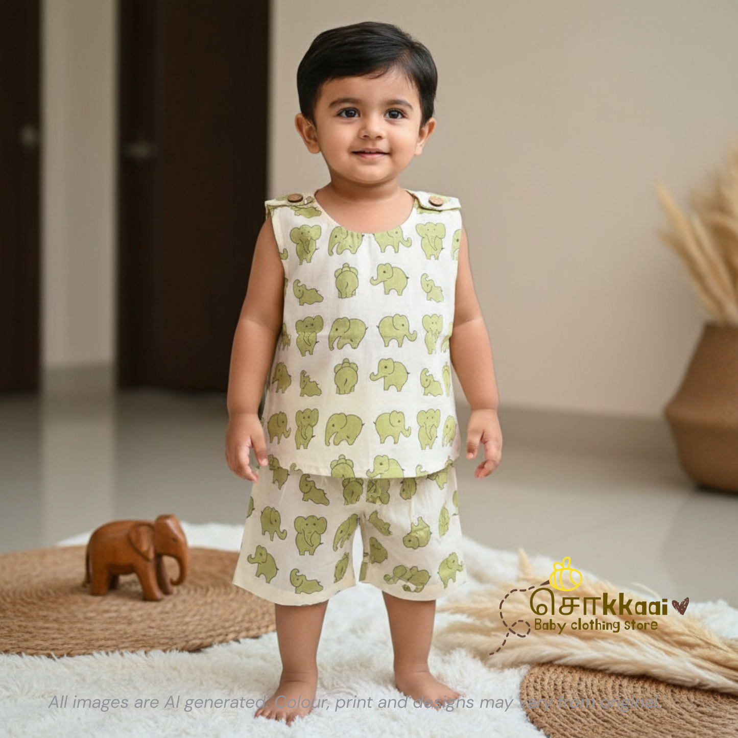 Light green elephant printed cotton Coord Set (0-3years) - Unisex - Sokkaai