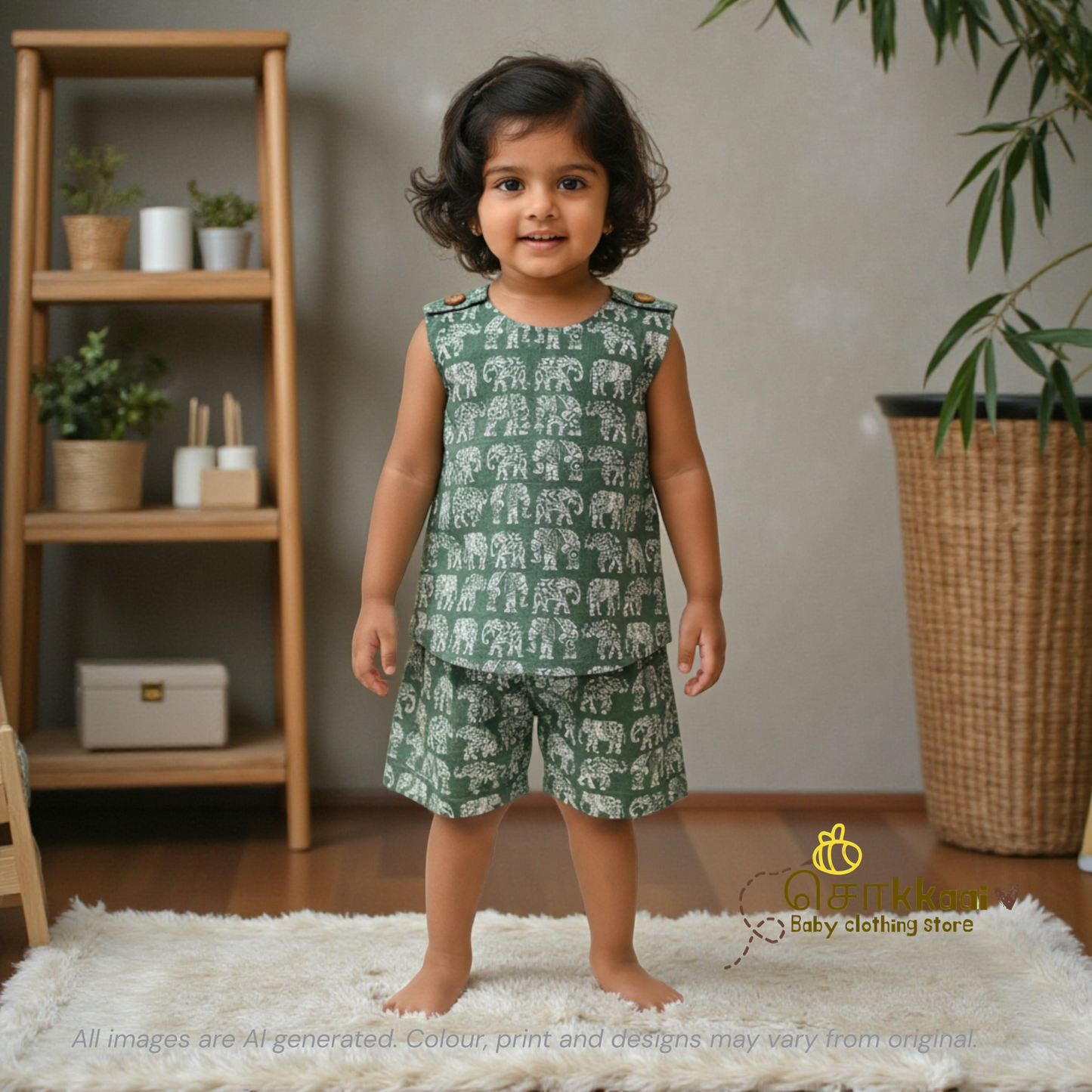 Forest green elephant printed cotton Coord Set (0-3years) - Unisex - Sokkaai