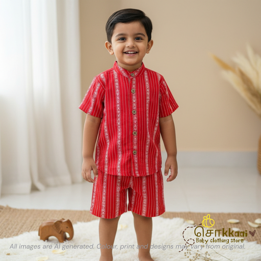 Tangerine Red Stripes Cotton Coord Set (0-6years) - Sokkaai