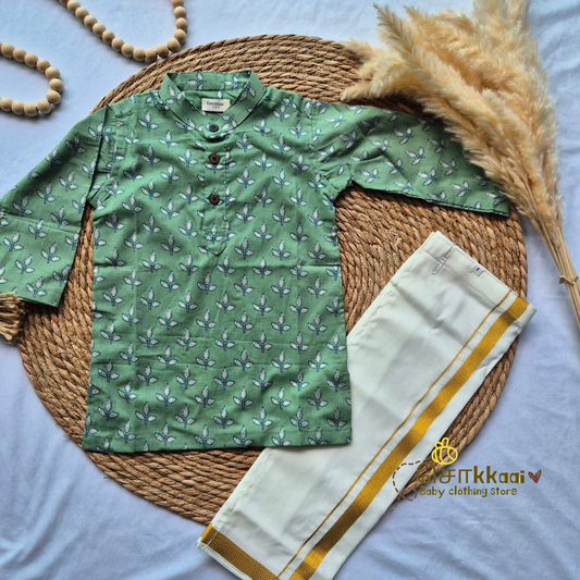 Mint Green floral Kids kurta with veshti (1 to 4years)
