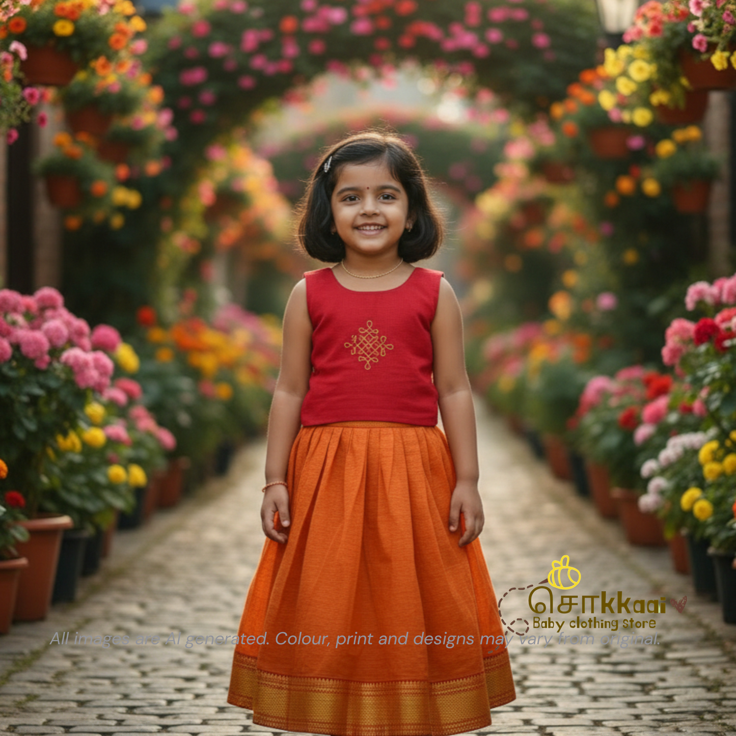Mangalgiri Cotton Skirt and top Girls  - Red & orange (6m-5years) - Sokkaai