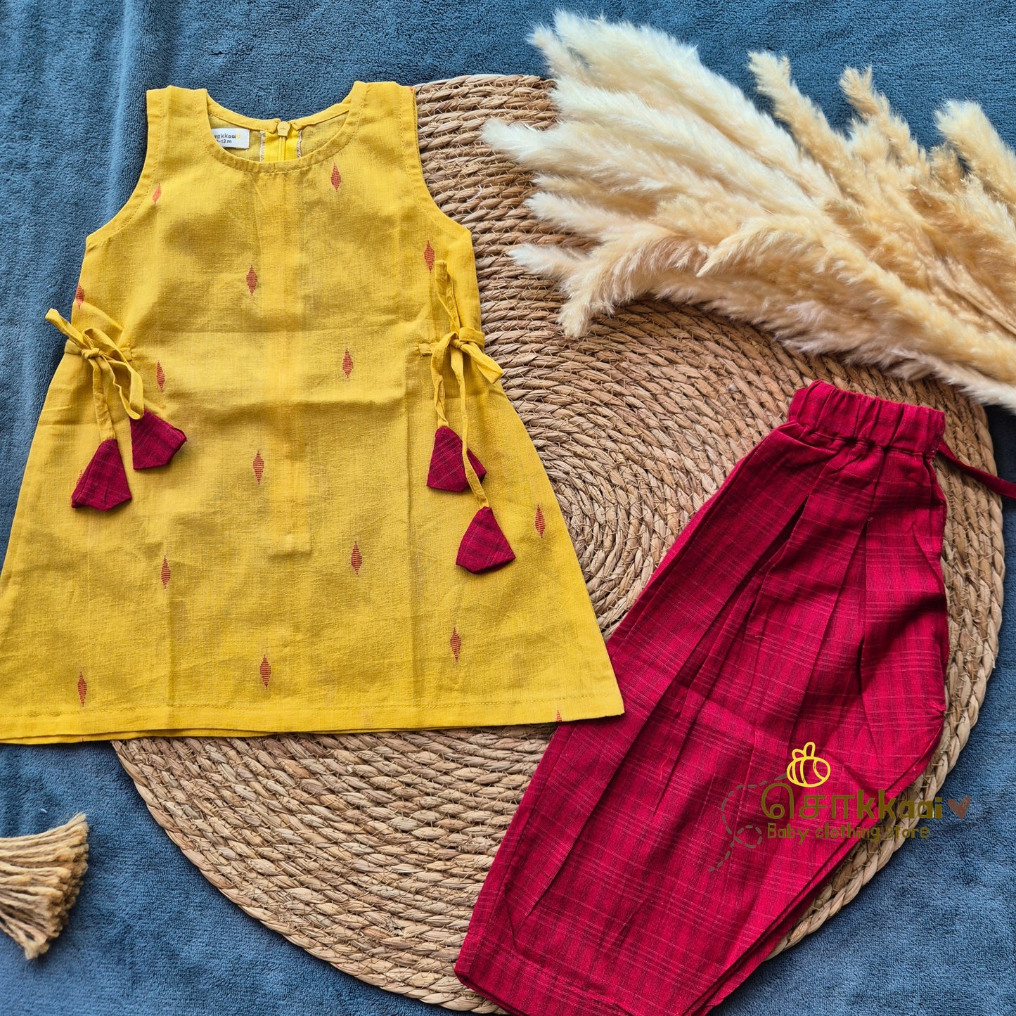 Mustard & Red Butta Cotton Kurti-Pattiyala Set Girl(6m-6years) - Sokkaai