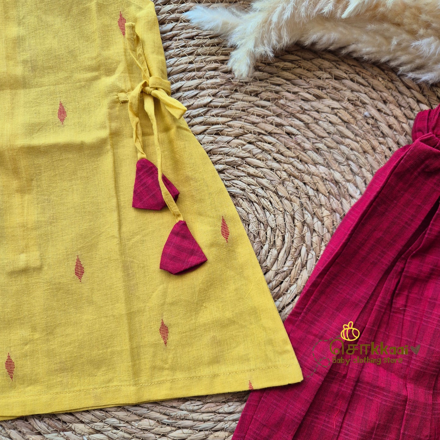 Mustard & Red Butta Cotton Kurti-Pattiyala Set Girl(6m-6years) - Sokkaai
