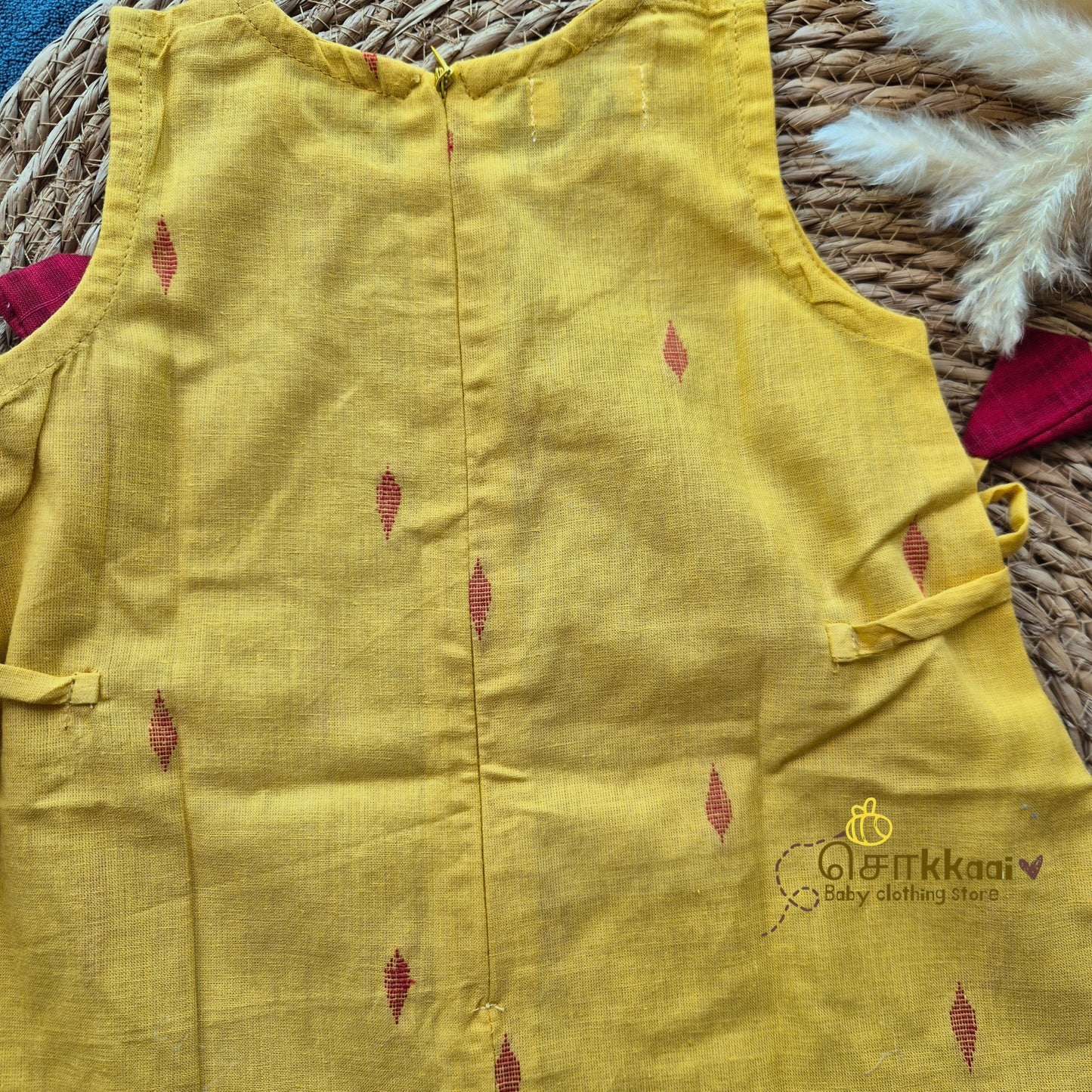 Mustard & Red Butta Cotton Kurti-Pattiyala Set Girl(6m-6years) - Sokkaai