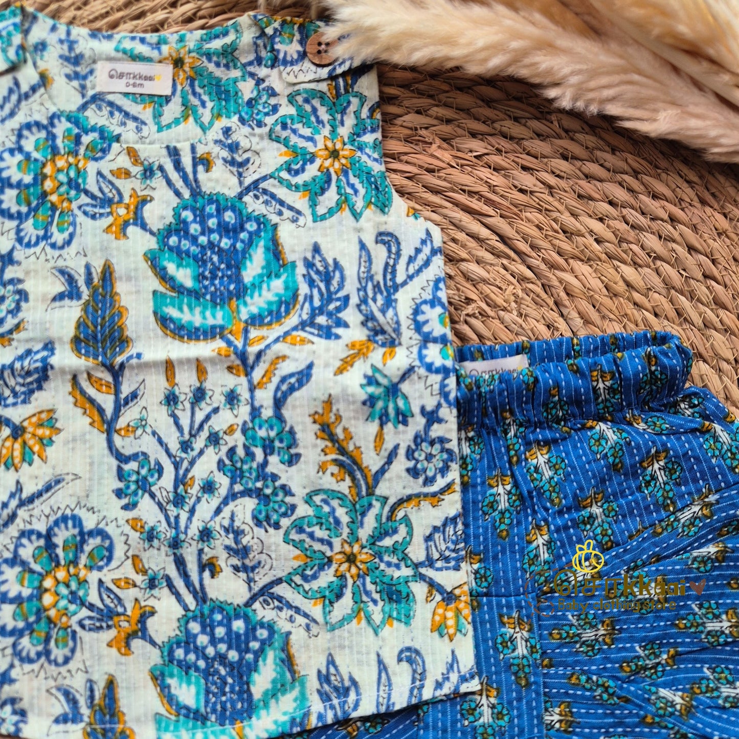 Floral with blue kantha cotton kids dhoti set (0-3yrs) - Sokkaai