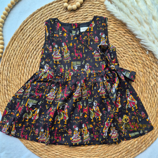 Black Kalamkari Overlap Flared Girl Frock - (0-3years) - Sokkaai