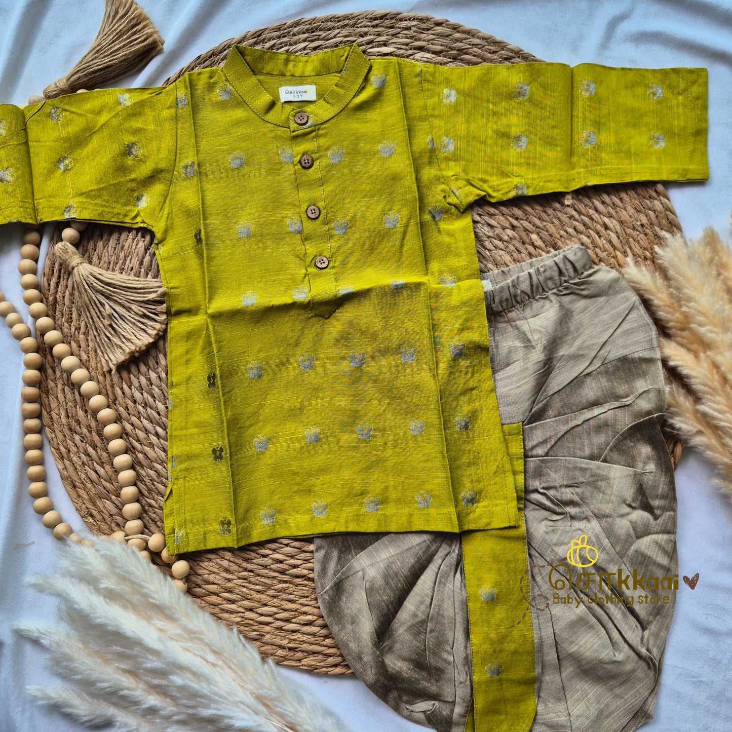 Lime green with antique beige raw silk dhoti set (1-5yrs) - Sokkaai