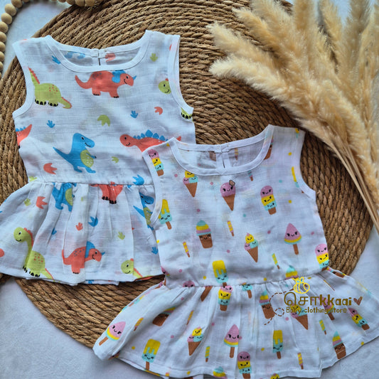 Pack of 2 button frock - Dino & Icecream (0-6m)