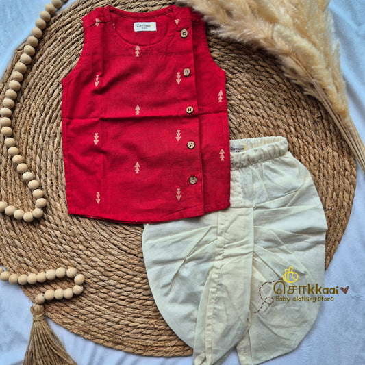Red Blush & Beige Bliss kids cotton dhoti set (0-3yrs)