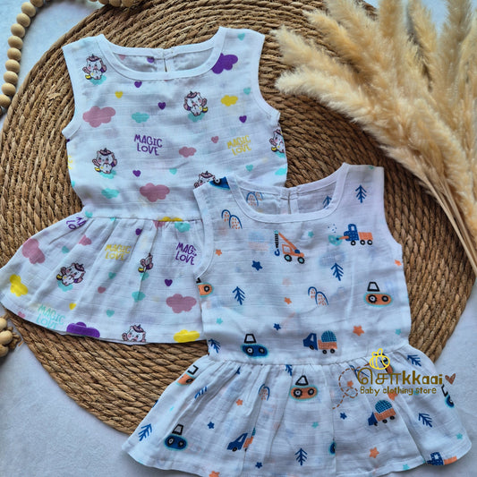 Pack of 2 button frock - Unicorn & Truck (0-6m)