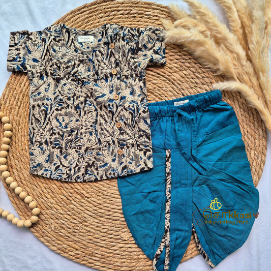 Kalamkari - Faded black & Peacock blue kids cotton dhoti set (0-3yrs)