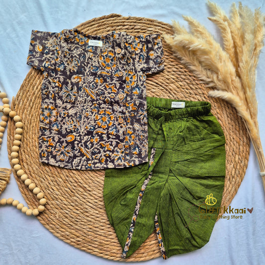 Kalamkari - Faded brown & Olive green kids cotton dhoti set (0-3yrs)