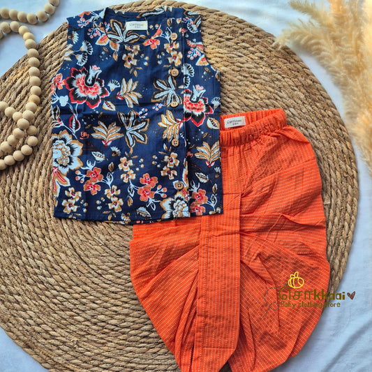 Navy floral with orange kantha cotton kids dhoti set (0-3yrs)