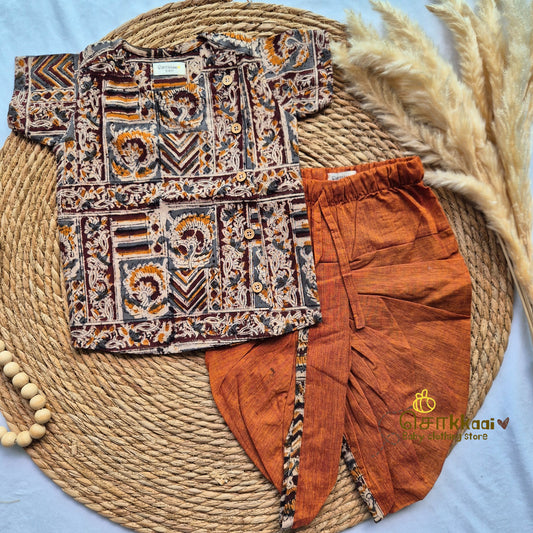 Kalamkari - Earthy brown & Rust orange kids cotton dhoti set (0-3yrs)