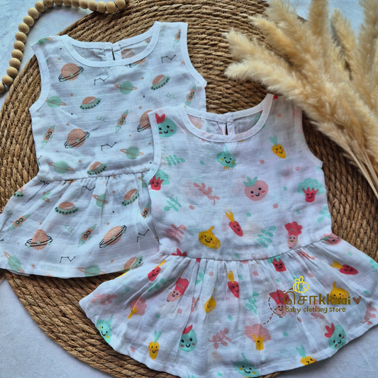 Pack of 2 button frock - Space & Veggies Magic (0-6m)