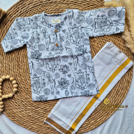 White Ganesha Mid length kurta with elbow sleeve (0 to 3years)