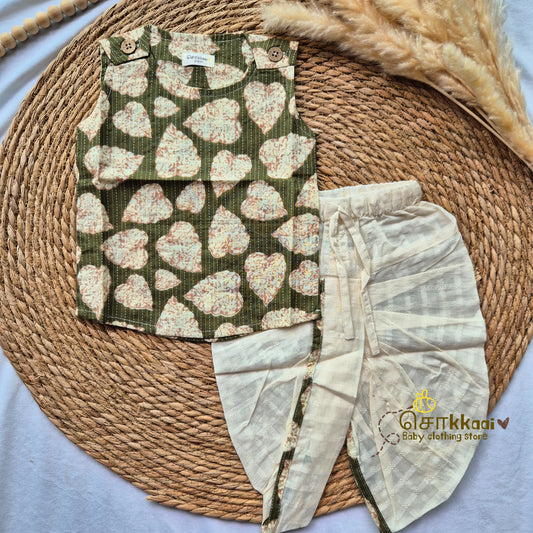 Green hearty leaves kids cotton dhoti set (0-3yrs)