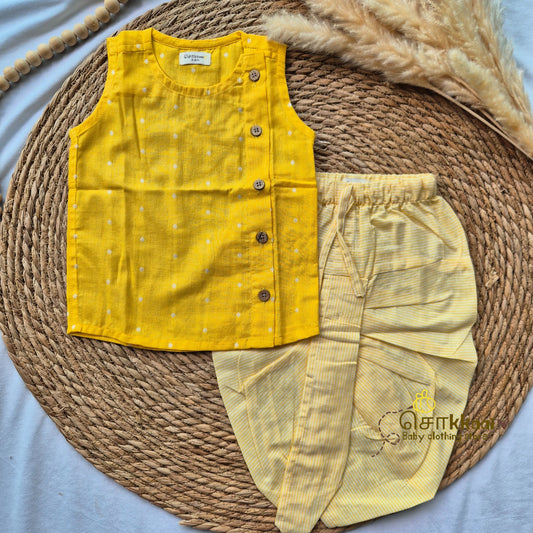 Yellow handloom & Stripes kids cotton dhoti set (0-3yrs) - Sokkaai