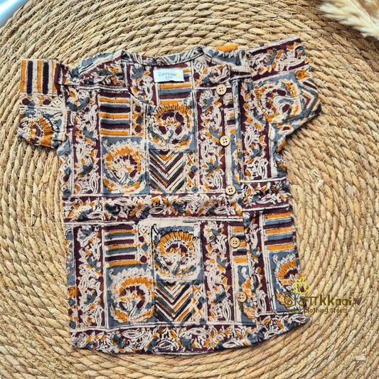 Earthy brown kalamkari Side Button Shirt (0-3years) - Sokkaai