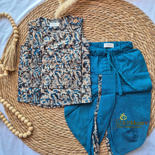 Kalamkari - Black floral with peacock blue kids cotton dhoti set (0-3yrs) - Sokkaai