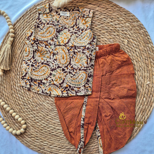 Kalamkari - Earthy brown and Rustic orange kids cotton dhoti set (0-3yrs) - Sokkaai