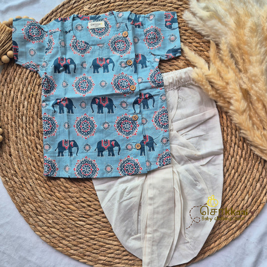 Blue elephant Cotton Kids dhoti set (0-5yrs) - Sokkaai