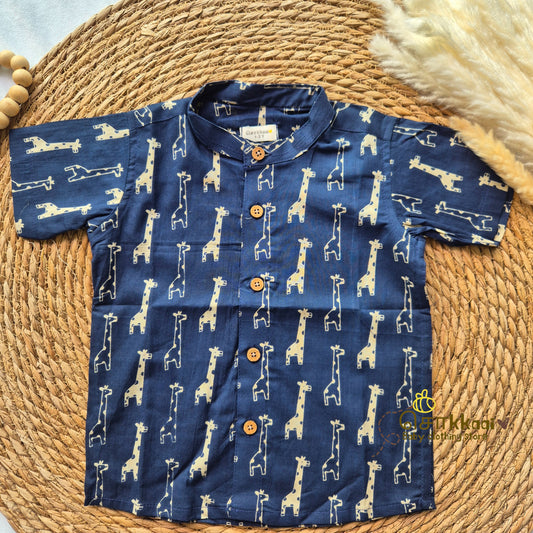 Navy Blue giraffe cambric cotton Kids Shirt (1 to 6yrs) - Sokkaai
