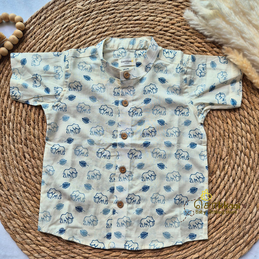 White & Blue elephant cambric cotton Kids Shirt (1 to 6yrs) - Sokkaai
