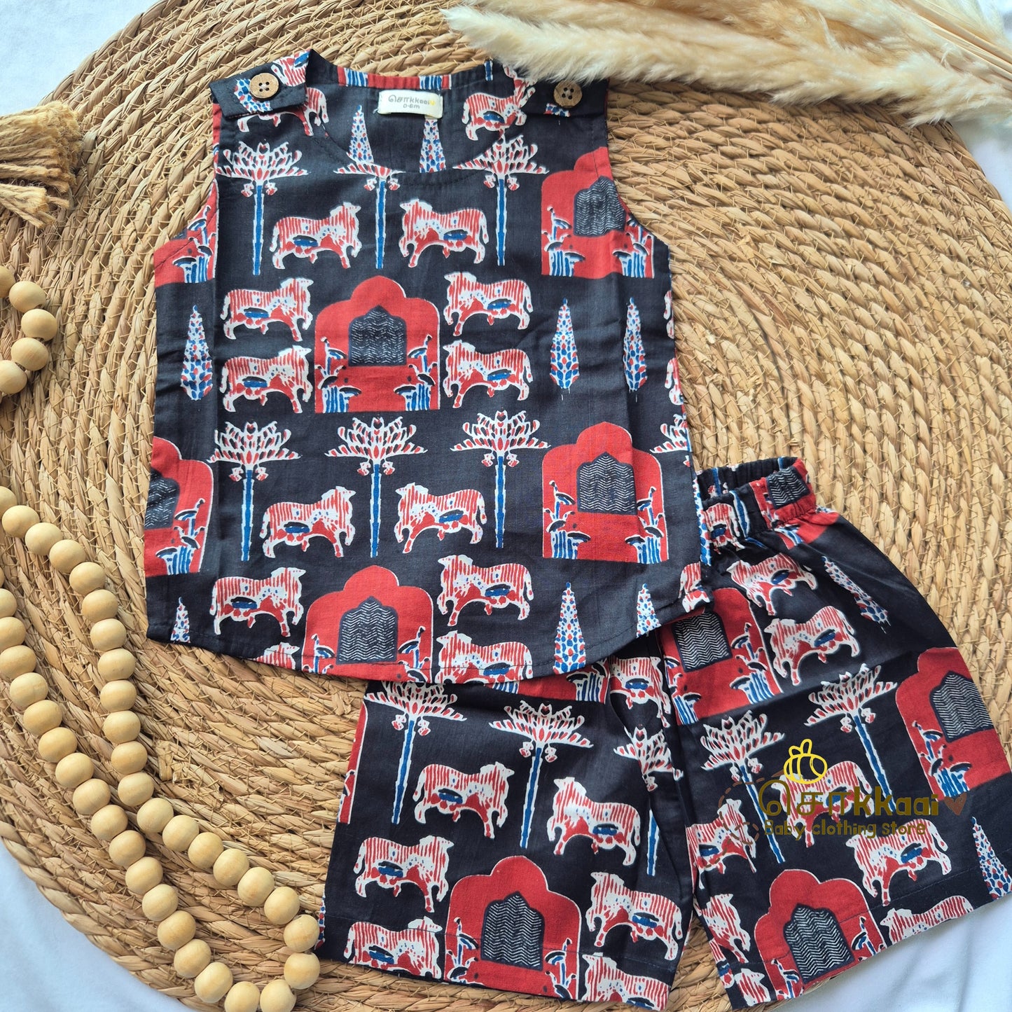 Black pichwai Cotton Unisex Coord Set (0-3years) - Sokkaai