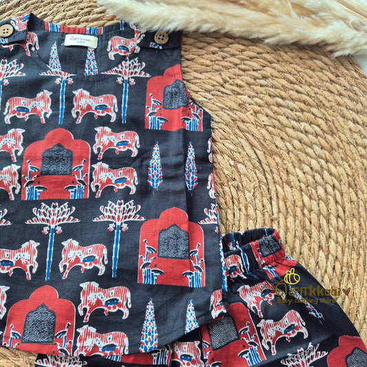 Black pichwai Cotton Unisex Coord Set (0-3years) - Sokkaai