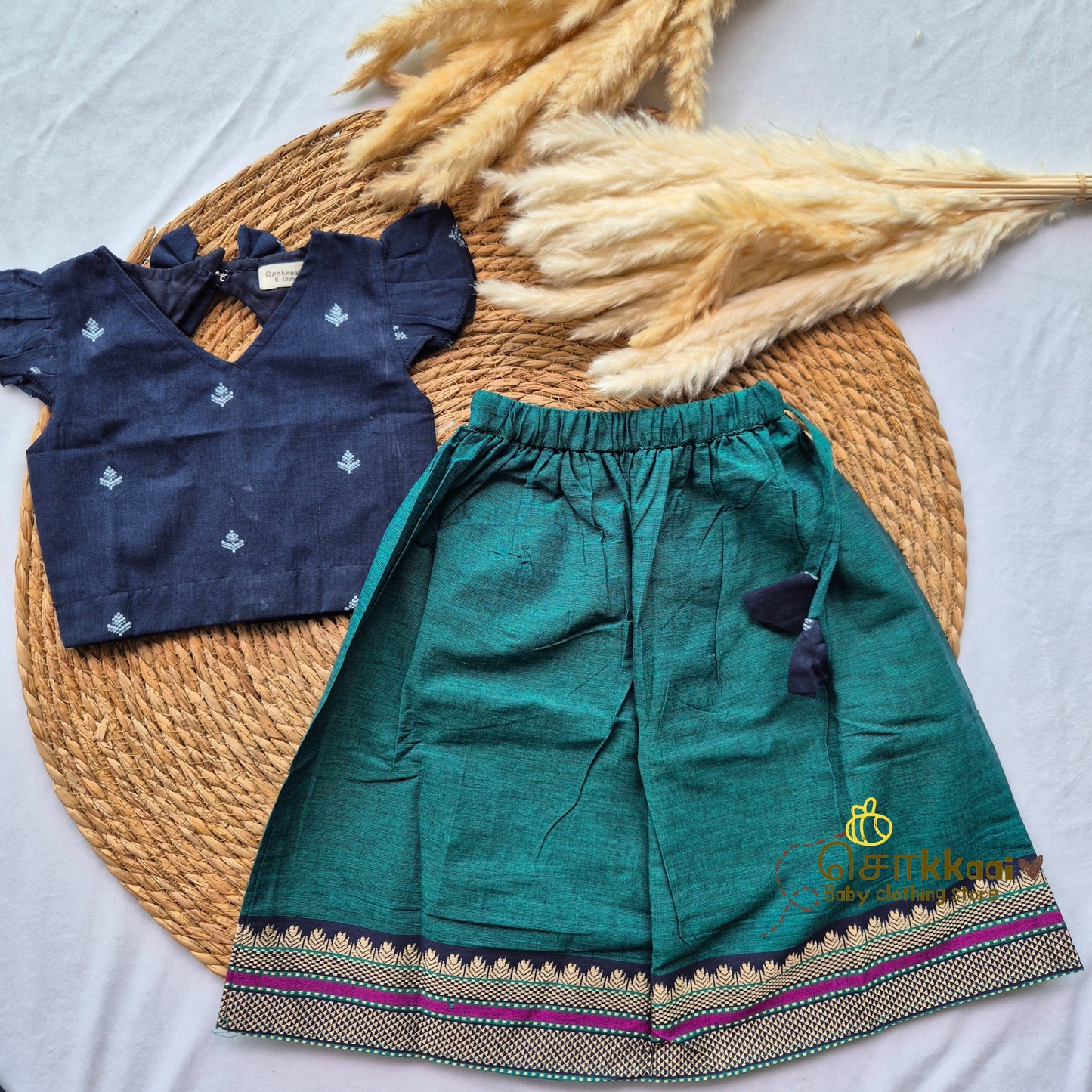 Deep navy & emerald green skirt & top - (6m-5years) Sokkaai