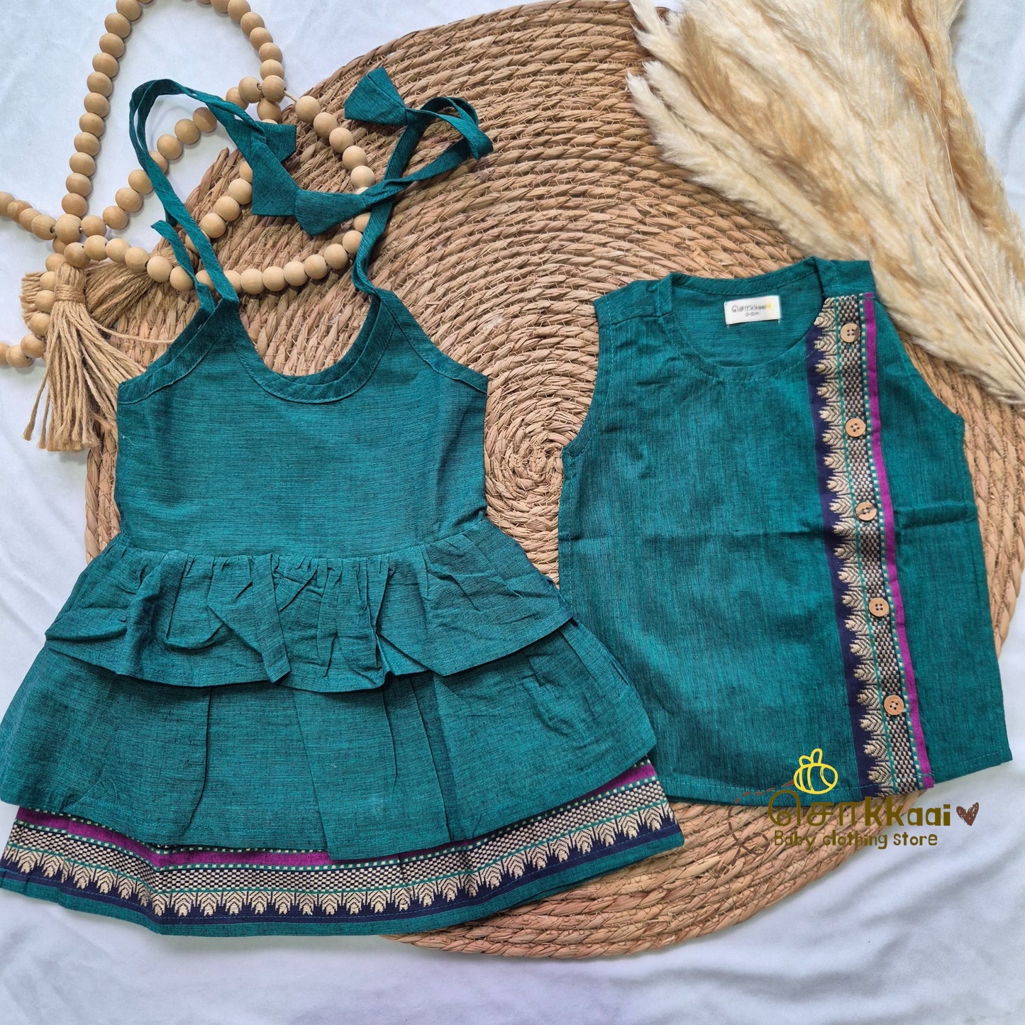 Emerald green with navy Tassel tie frock - (0-3years) Sokkaai