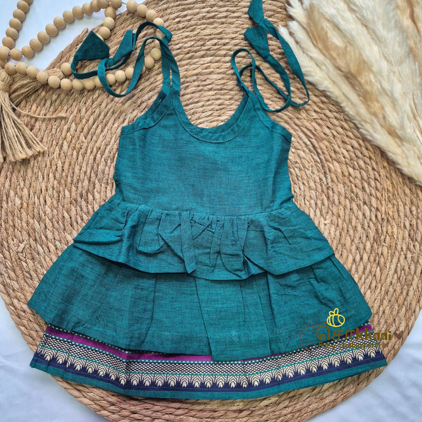 Emerald green with navy Tassel tie frock - (0-3years) Sokkaai