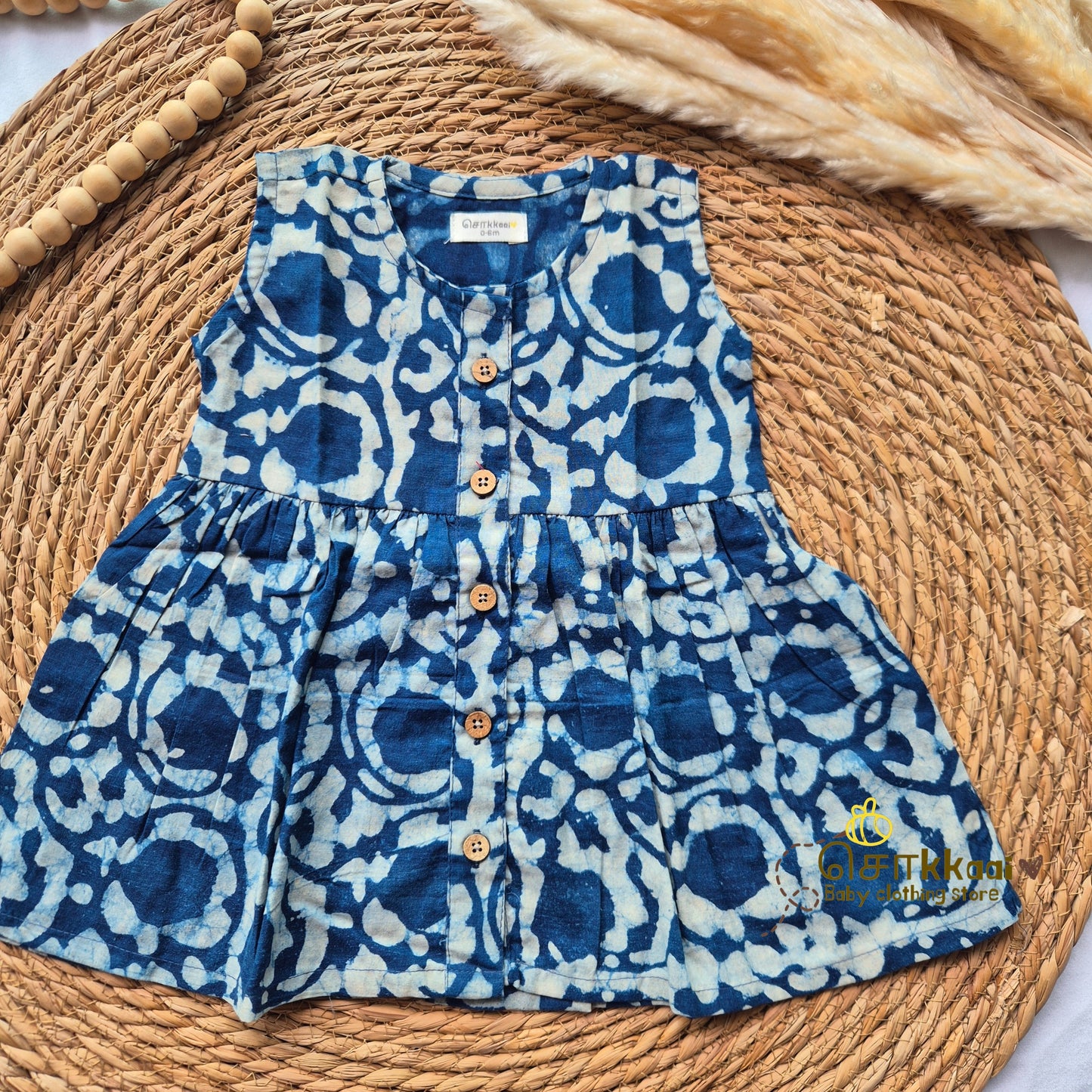 Indigo floral - Centre Button Girl Frock (Newborn to 3years)