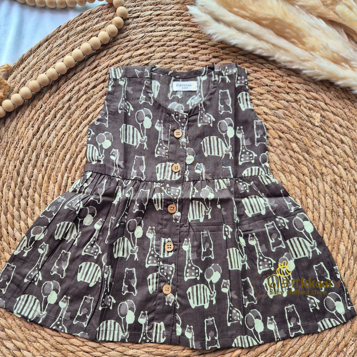 Brown animal carnival  - Centre Button Girl Frock (Newborn to 3years)