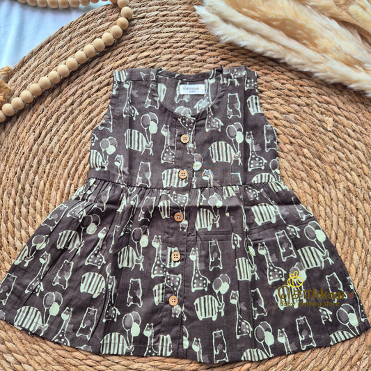 Brown animal carnival  - Centre Button Girl Frock (Newborn to 3years)
