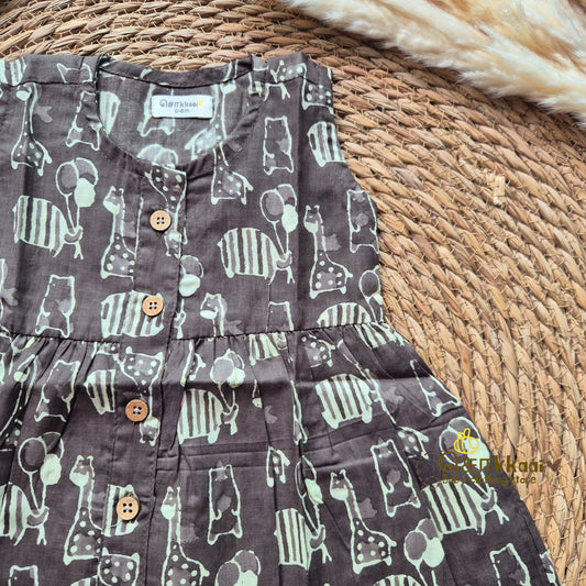 Brown animal carnival  - Centre Button Girl Frock (Newborn to 3years)