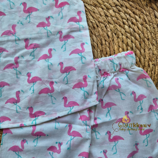 Flamingo block printed cotton Coord Set (0-3years) - Unisex - Sokkaai