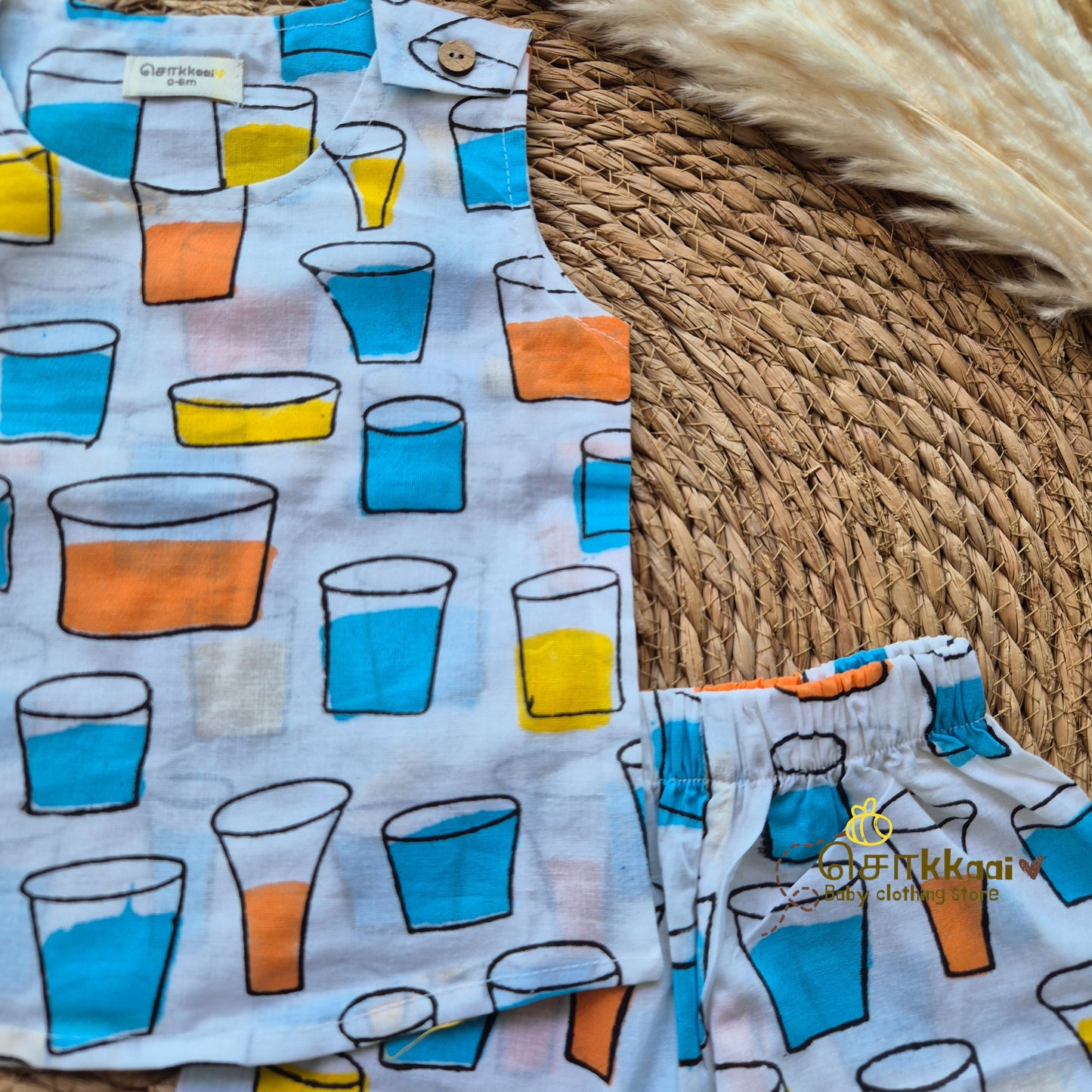 Colourful cups block printed cotton Coord Set (0-3years) - Unisex - Sokkaai
